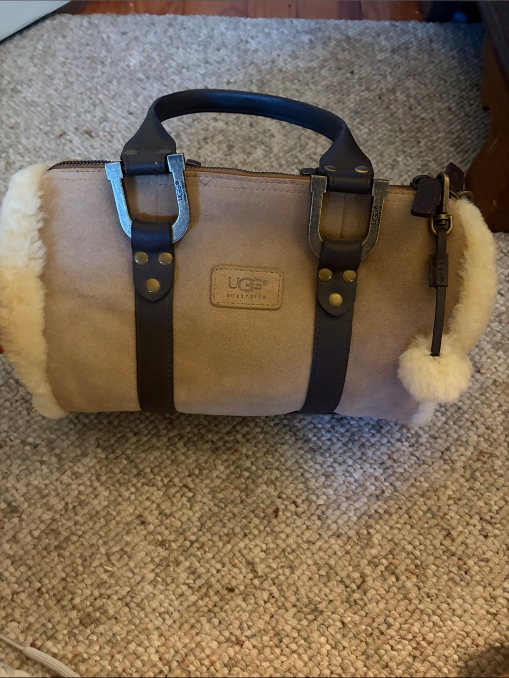 UGG Tan Suede Mini Satchel with Cream Shearling Trim